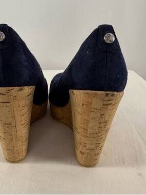 Stuart Weitzman Navy Suede Cork Wedge Pumps
